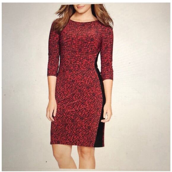 Ralph Lauren Sheath Dress SZ 20W Red Black Print Jersey Knit Ruched Gathered - Picture 1 of 11
